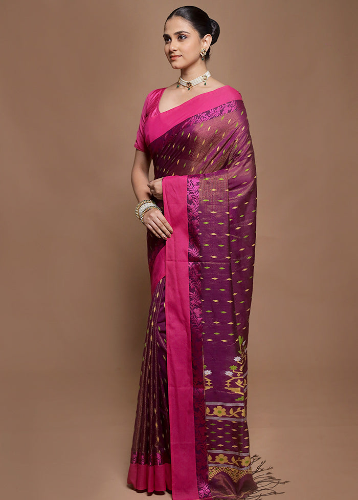 Purple Pure Cotton Saree With Blouse Piece