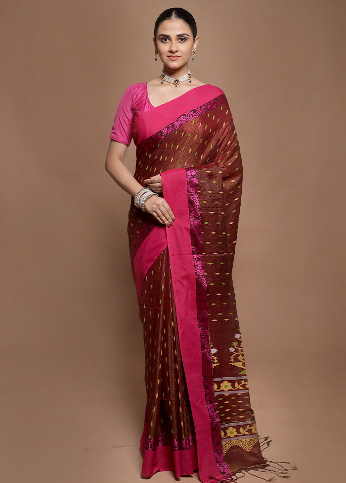 Maroon Pure Cotton Saree With Blouse Piece