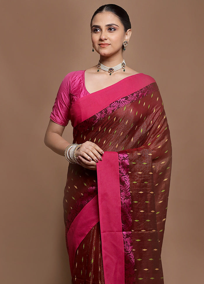 Maroon Pure Cotton Saree With Blouse Piece