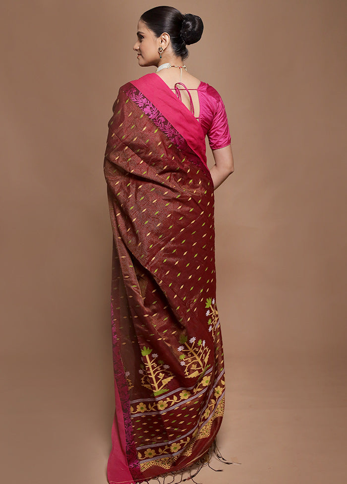 Maroon Pure Cotton Saree With Blouse Piece