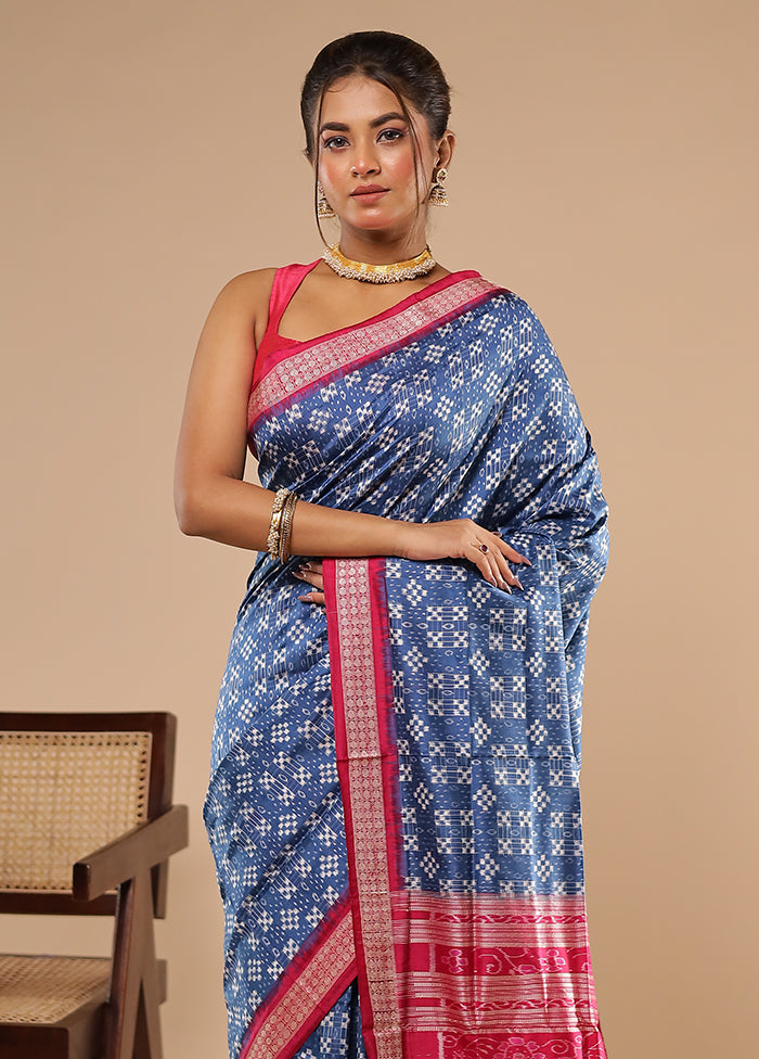 Blue Handloom Bomkai Pure Silk Saree With Blouse Piece
