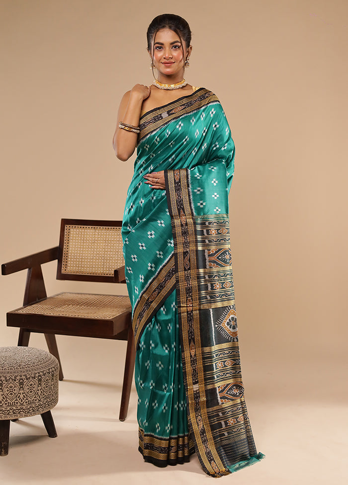Green Handloom Ikkat Pure Silk Saree Without Blouse Piece