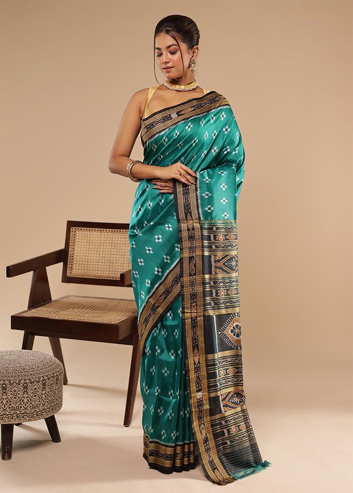 Green Handloom Ikkat Pure Silk Saree Without Blouse Piece