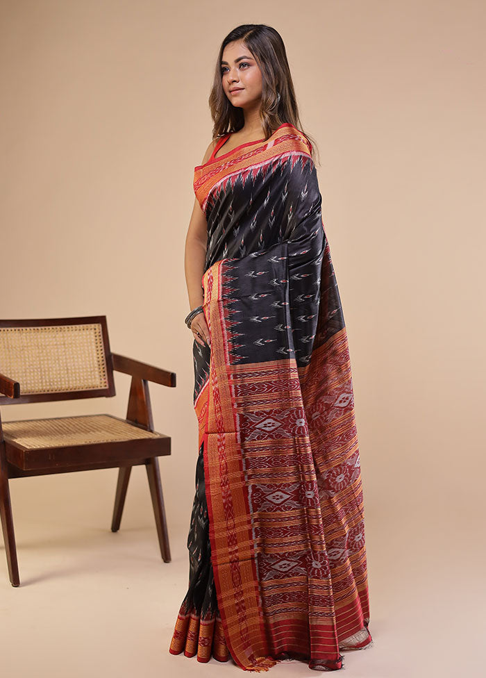Black Handloom Ikkat Pure Silk Saree Without Blouse Piece