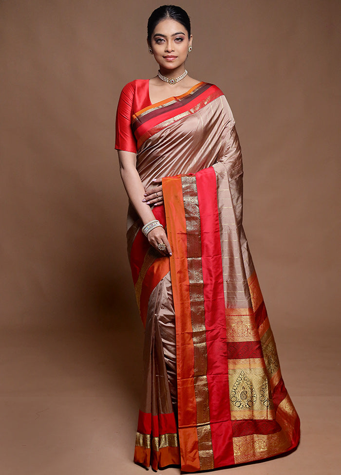 Cream Handloom Kanchipuram Pure Silk Saree With Blouse Piece
