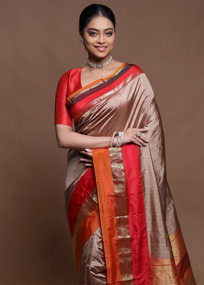 Cream Handloom Kanchipuram Pure Silk Saree With Blouse Piece