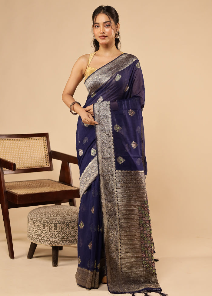 Blue Dupion Silk Saree With Blouse Piece