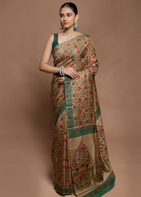 Cream Printed Pure Silk Saree Without Blouse Piece