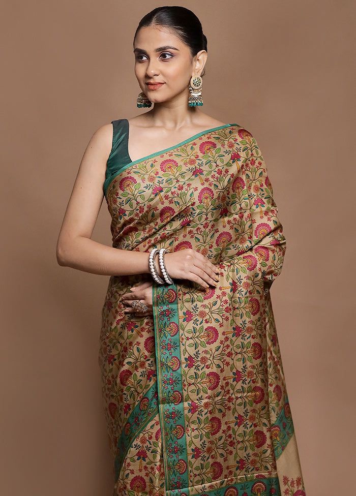Cream Printed Pure Silk Saree Without Blouse Piece