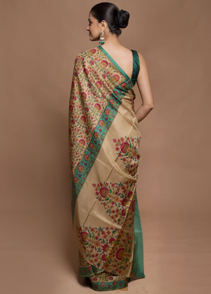 Cream Printed Pure Silk Saree Without Blouse Piece