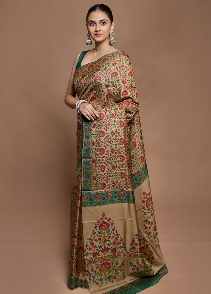 Cream Printed Pure Silk Saree Without Blouse Piece