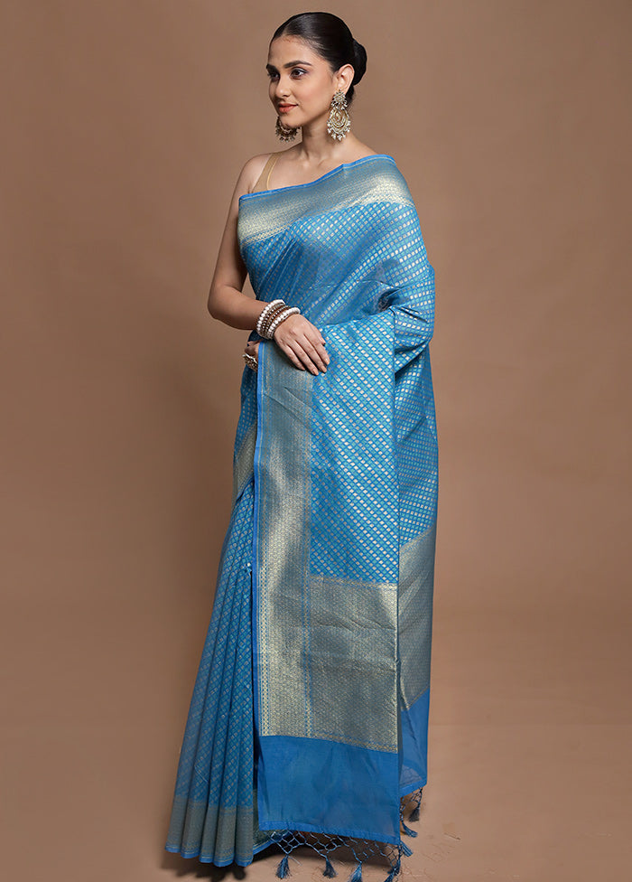 Blue Kora Silk Saree With Blouse Piece