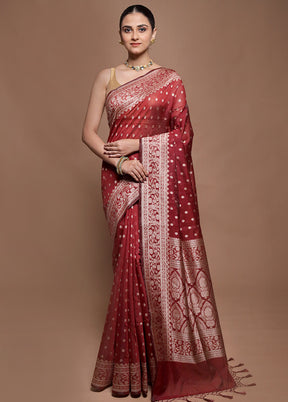 Maroon Kora Silk Saree With Blouse Piece
