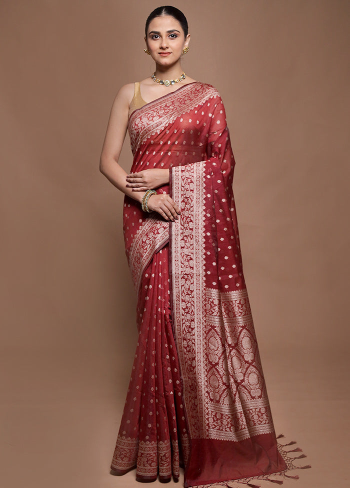 Maroon Kora Silk Saree With Blouse Piece