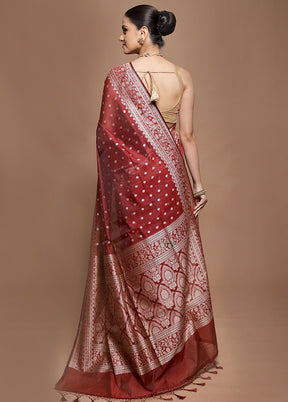 Maroon Kora Silk Saree With Blouse Piece