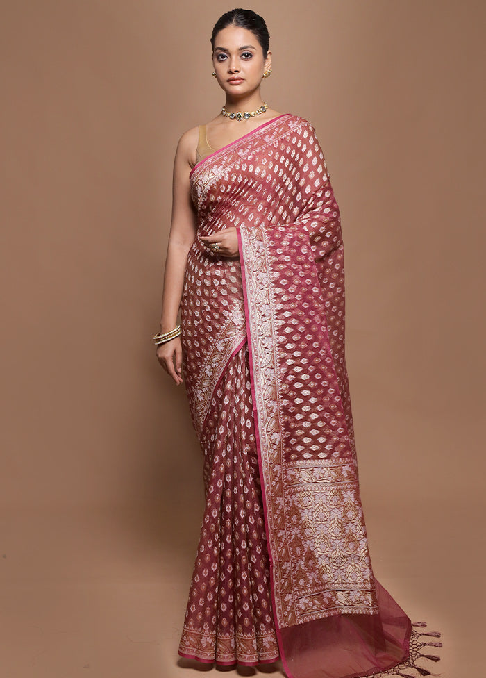 Maroon Kora Silk Saree With Blouse Piece