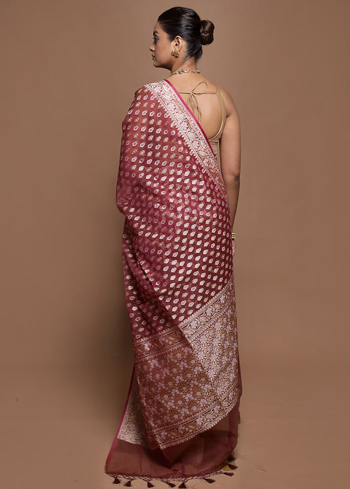 Maroon Kora Silk Saree With Blouse Piece