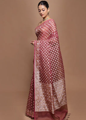 Maroon Kora Silk Saree With Blouse Piece