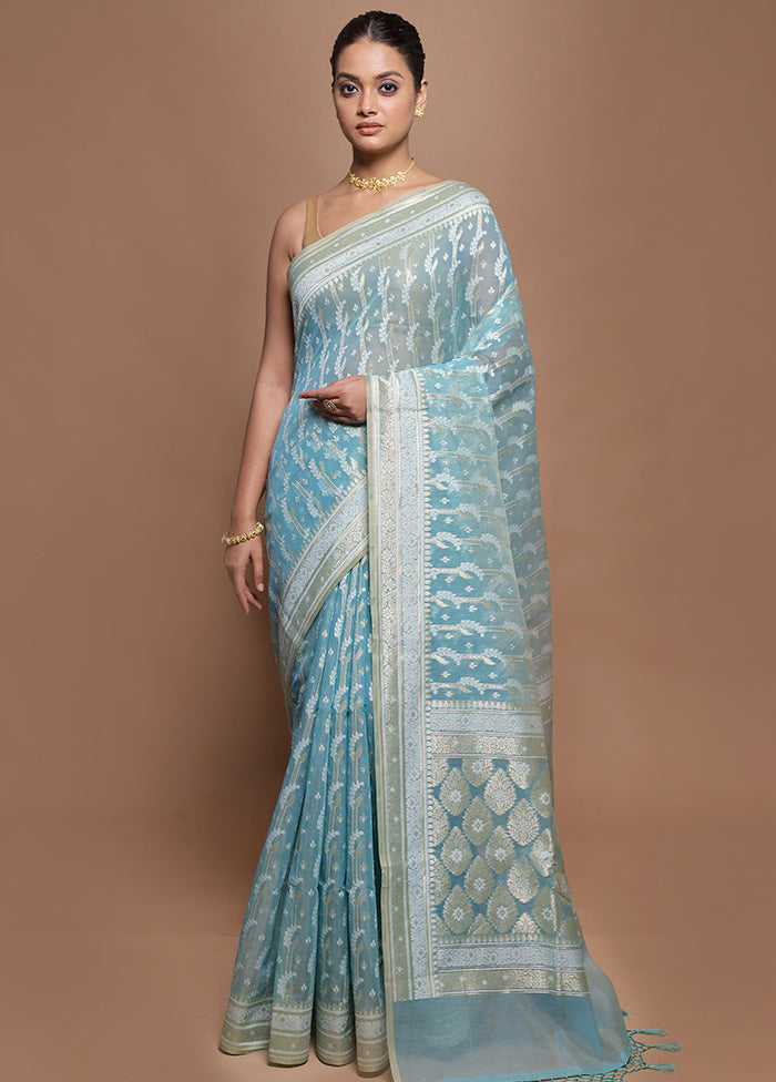 Blue Kora Silk Saree With Blouse Piece