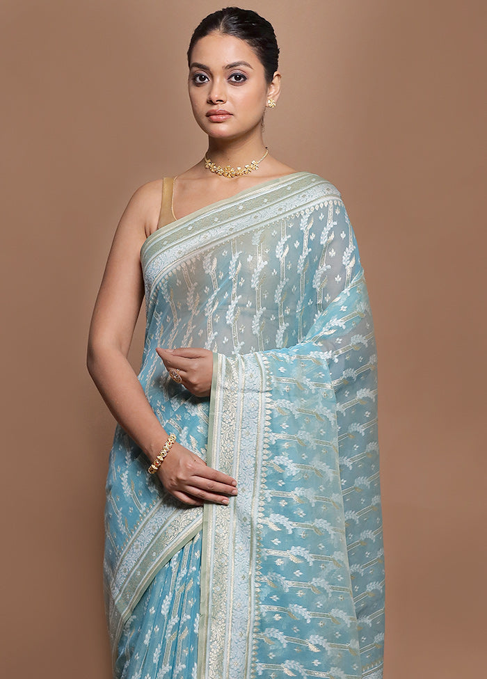 Blue Kora Silk Saree With Blouse Piece