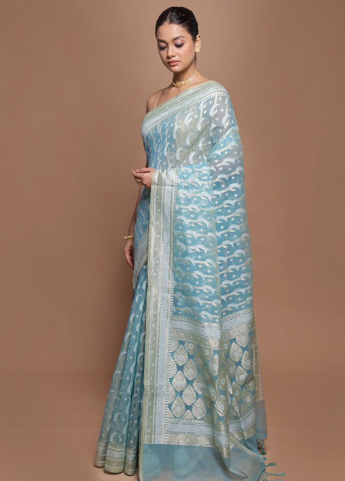 Blue Kora Silk Saree With Blouse Piece
