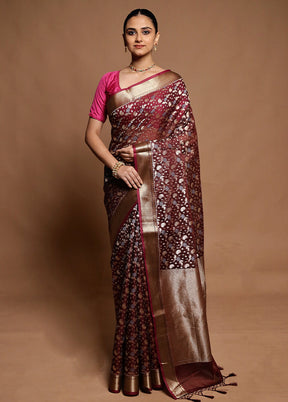 Maroon Kora Silk Saree With Blouse Piece