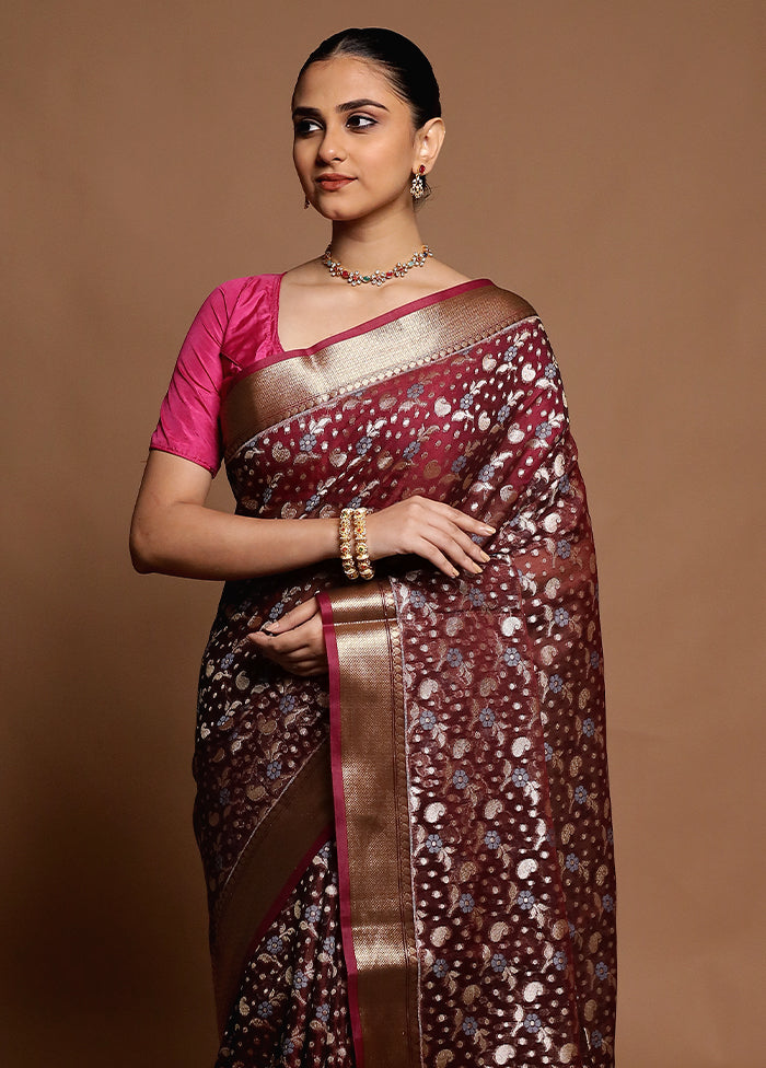 Maroon Kora Silk Saree With Blouse Piece