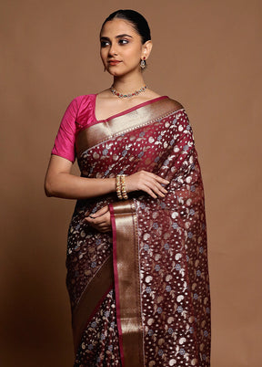 Maroon Kora Silk Saree With Blouse Piece