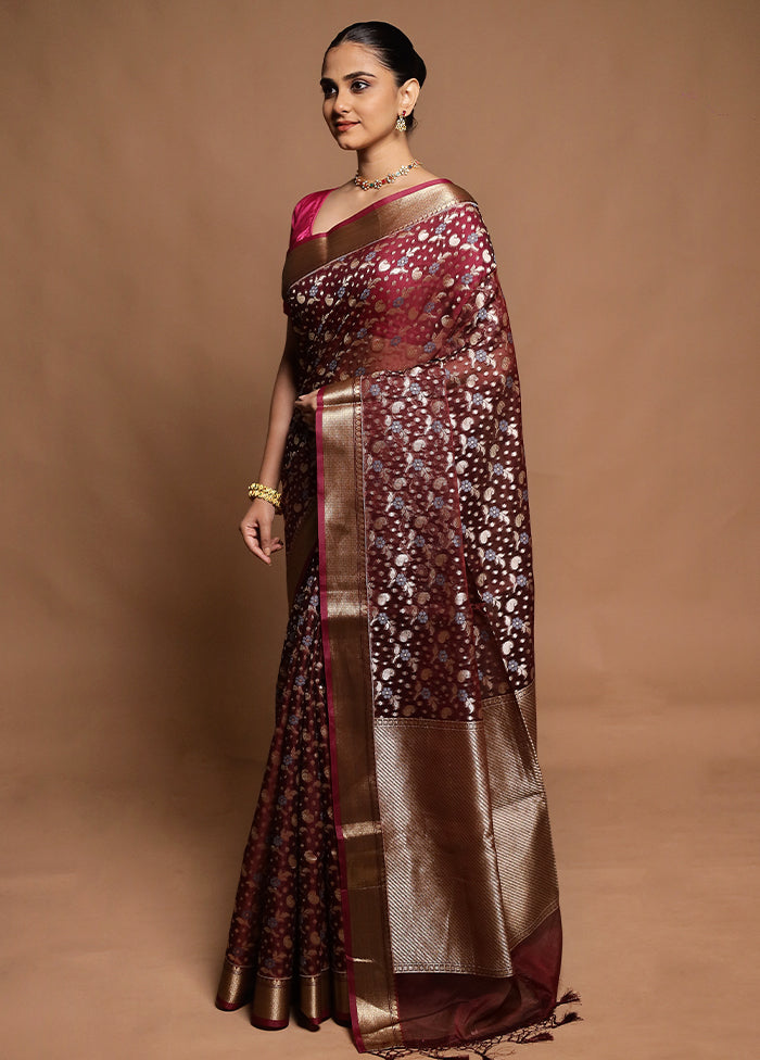 Maroon Kora Silk Saree With Blouse Piece