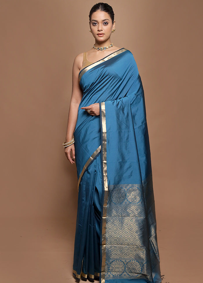 Blue Kanjivaram Silk Saree With Blouse Piece