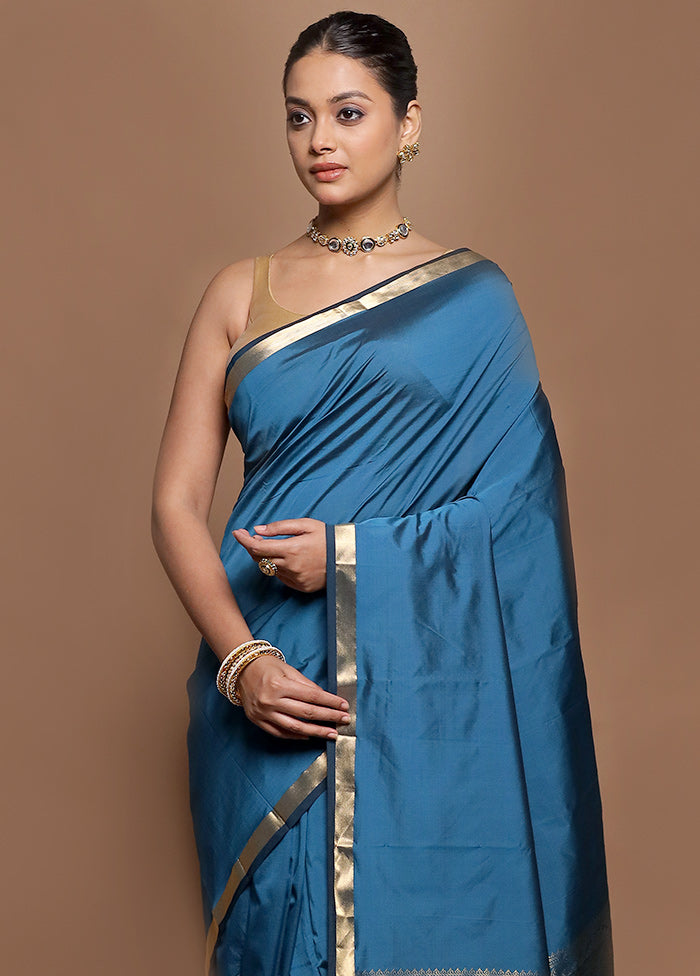 Blue Kanjivaram Silk Saree With Blouse Piece