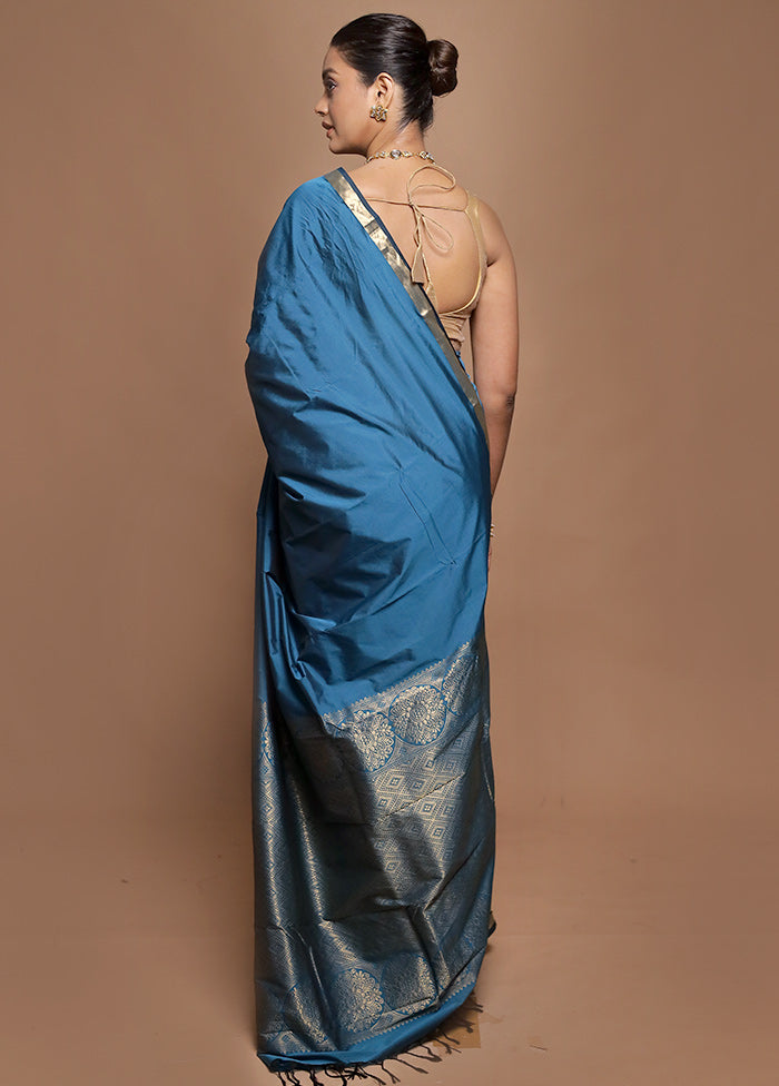 Blue Kanjivaram Silk Saree With Blouse Piece