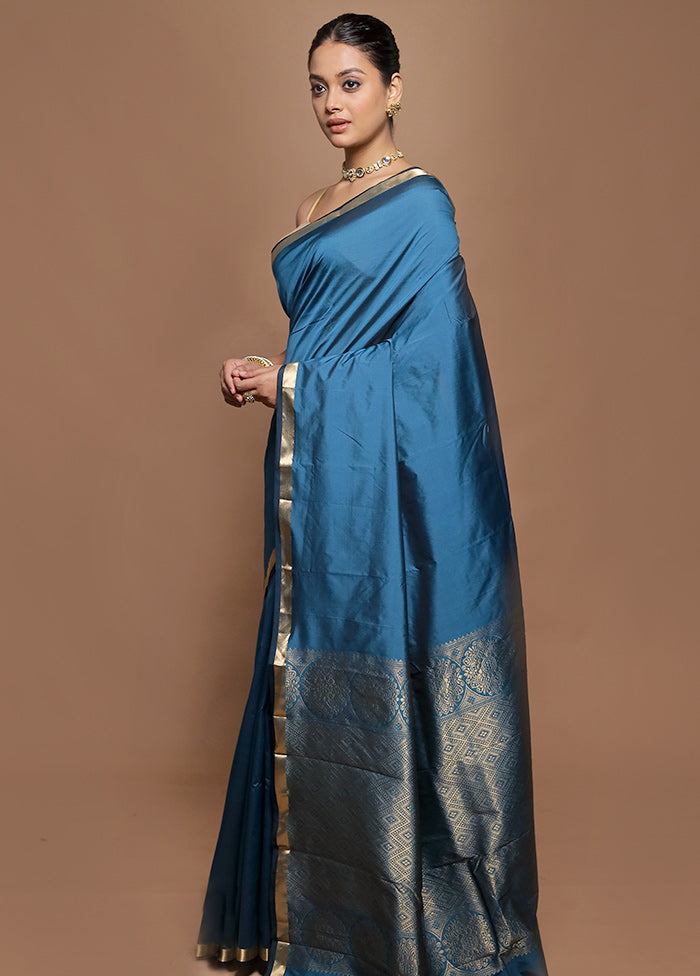 Blue Kanjivaram Silk Saree With Blouse Piece