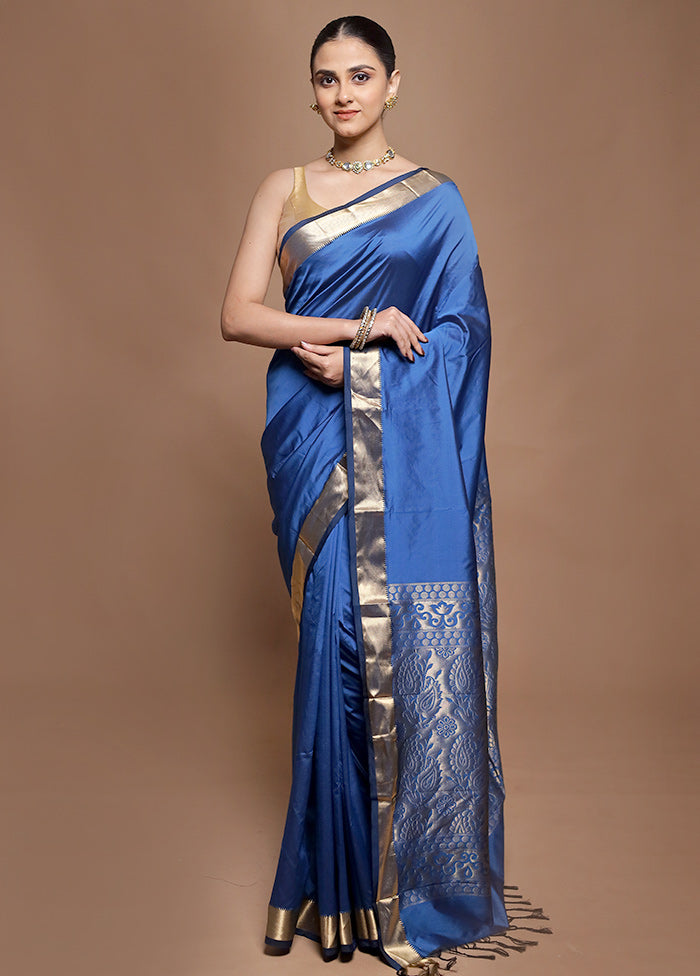 Blue Kanjivaram Silk Saree With Blouse Piece