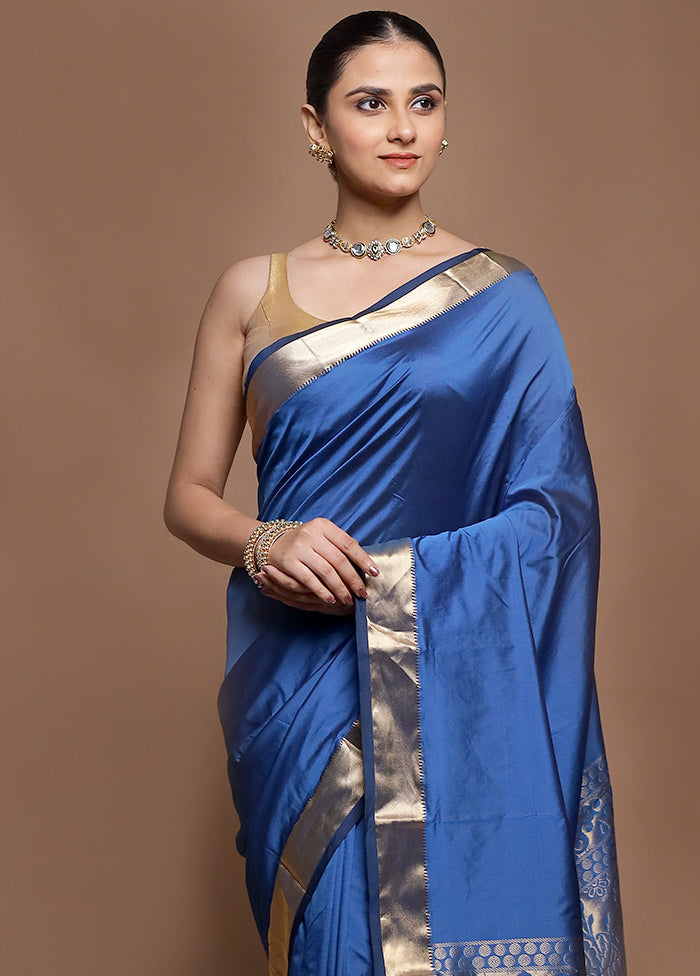 Blue Kanjivaram Silk Saree With Blouse Piece