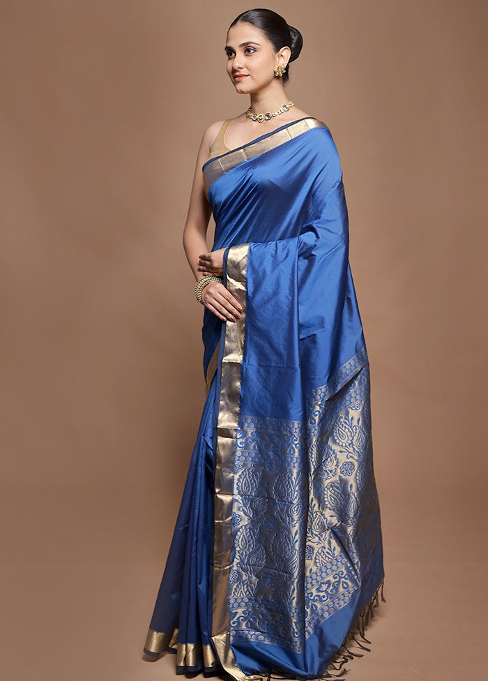 Blue Kanjivaram Silk Saree With Blouse Piece