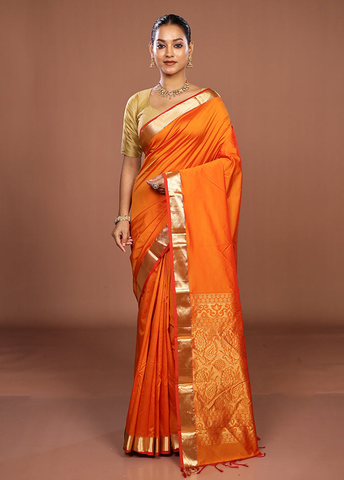 Rust Kanjivaram Silk Saree With Blouse Piece