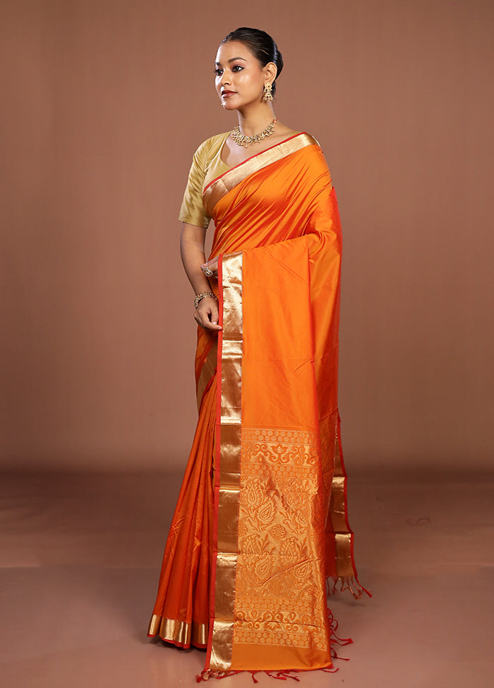 Rust Kanjivaram Silk Saree With Blouse Piece