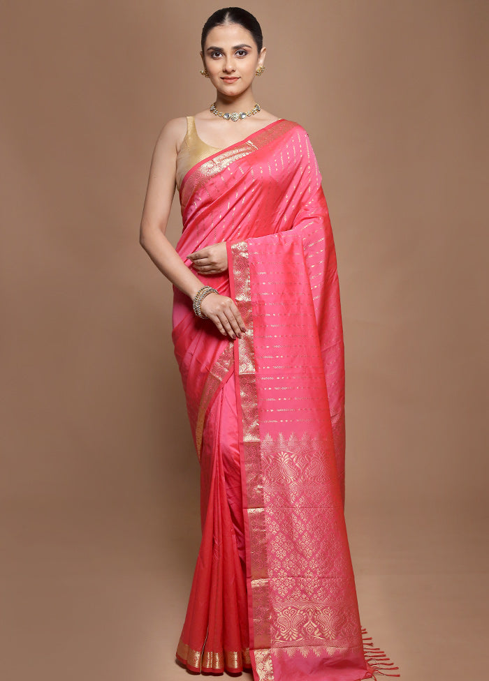 Pink Kanjivaram Silk Saree With Blouse Piece