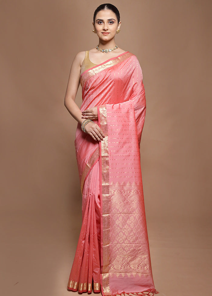 Pink Kanjivaram Silk Saree With Blouse Piece