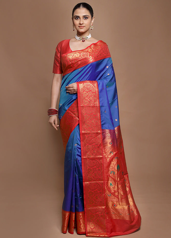 Blue Kanjivaram Silk Saree With Blouse Piece
