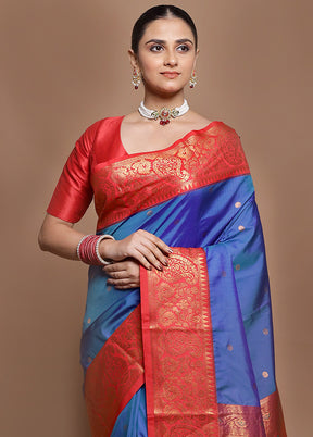 Blue Kanjivaram Silk Saree With Blouse Piece