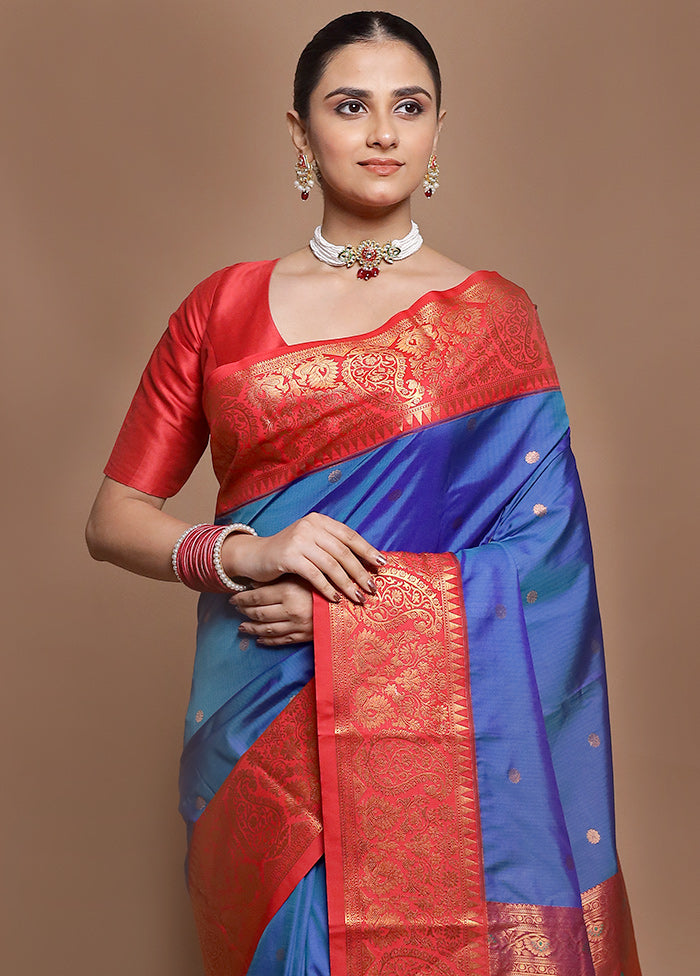Blue Kanjivaram Silk Saree With Blouse Piece