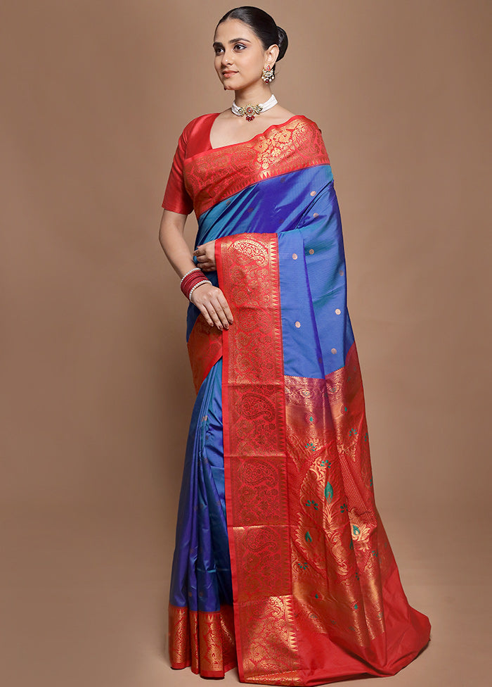 Blue Kanjivaram Silk Saree With Blouse Piece