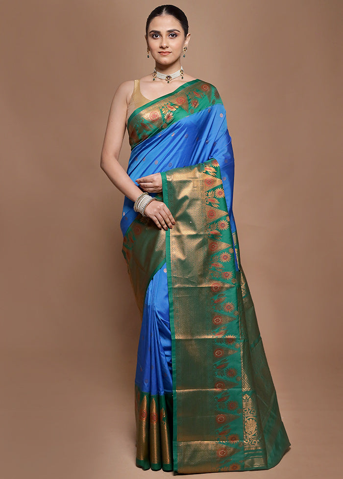 Blue Kanjivaram Silk Saree With Blouse Piece