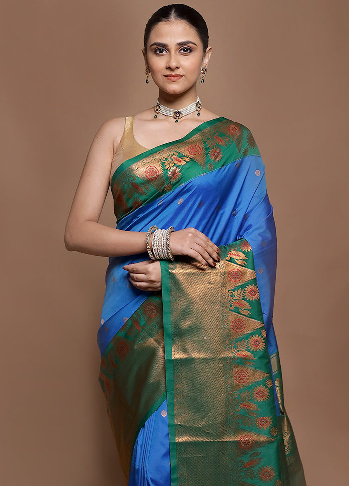 Blue Kanjivaram Silk Saree With Blouse Piece