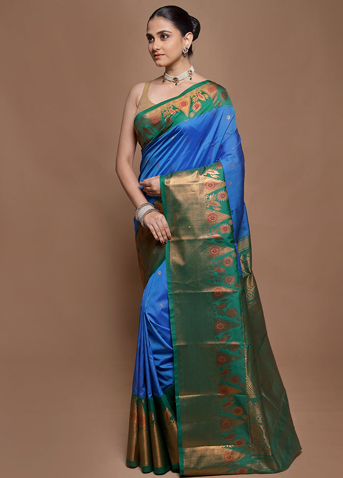 Blue Kanjivaram Silk Saree With Blouse Piece