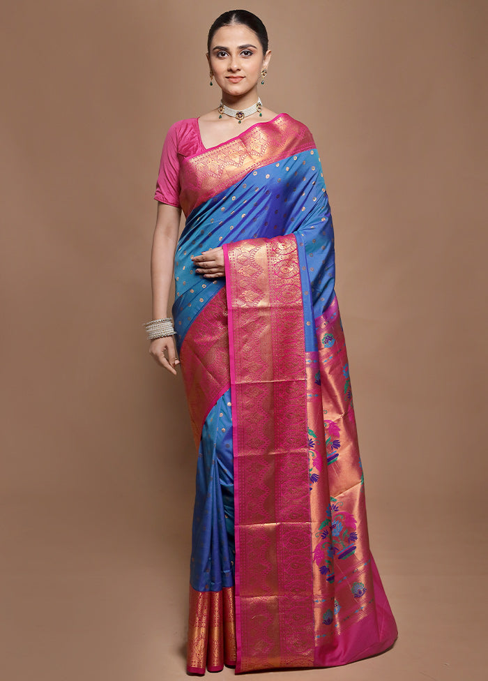 Blue Kanjivaram Silk Saree With Blouse Piece