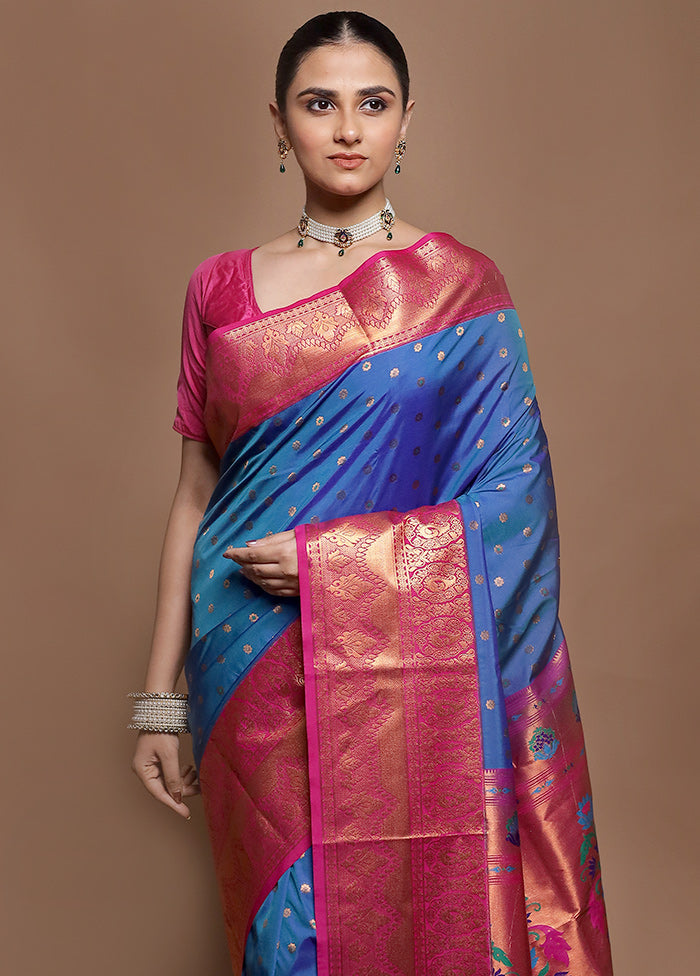 Blue Kanjivaram Silk Saree With Blouse Piece