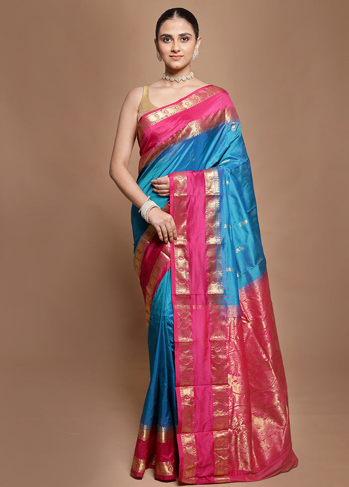 Blue Handloom Kanjivaram Pure Silk Saree With Blouse Piece